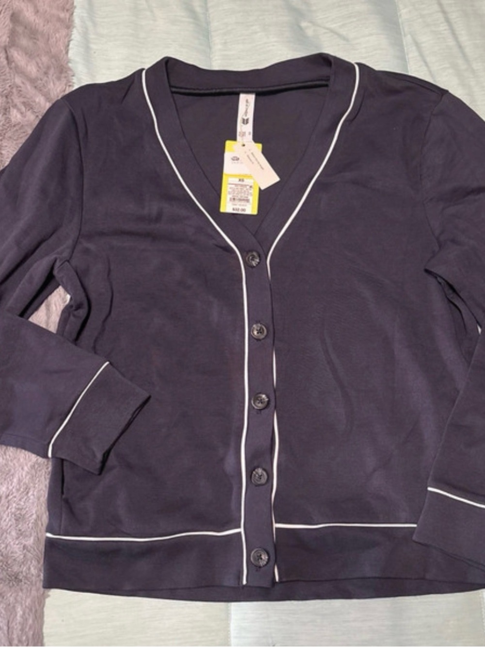 all in motion Navy Cardigan with White Piping